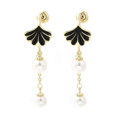 Ginkgo Leaf Brass Enamel & Plastic Imitation Pearl Dangle Stud Earrings EJEW-A121-01G-1