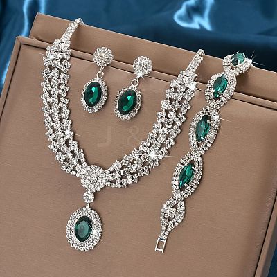 Oval & Horse Eye Brass Rhinestone Necklaces & Bracelets & Earring Sets FS-WG182CE-02-1