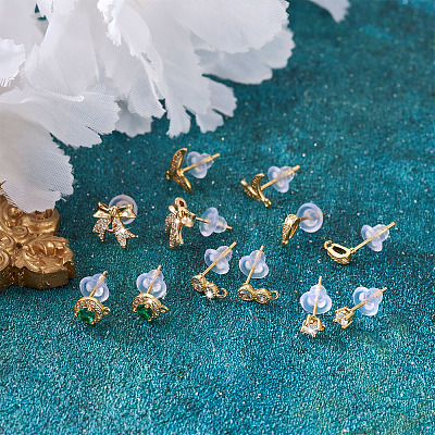 12Pcs 6 Style Brass Micro Pave Cubic Zirconia Stud Earring Findings KK-FW0001-10-1