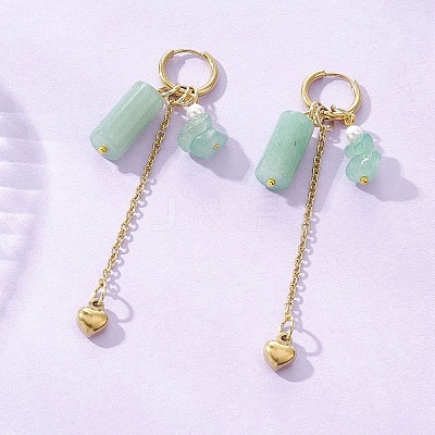 304 Stainless Steel Green Aventurine Heart Tassel Hoop Earrings EJEW-JE06731-02-1