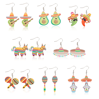 8 Pairs 8 Styles Cactus & Avocado & Horse Acrylic Dangle Earrings EJEW-AN0001-38-1