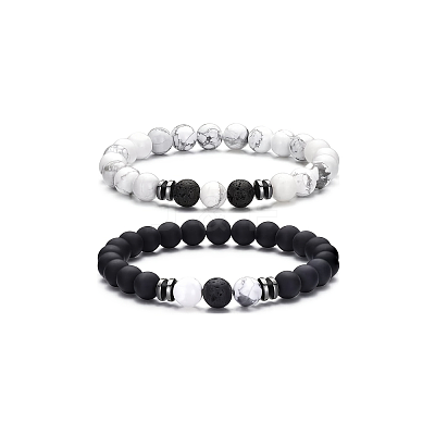 4Pcs Natural Lava Rock & Tiger Eye & Howlite Beaded Stretch Bracelets for Women Men QY3099-1