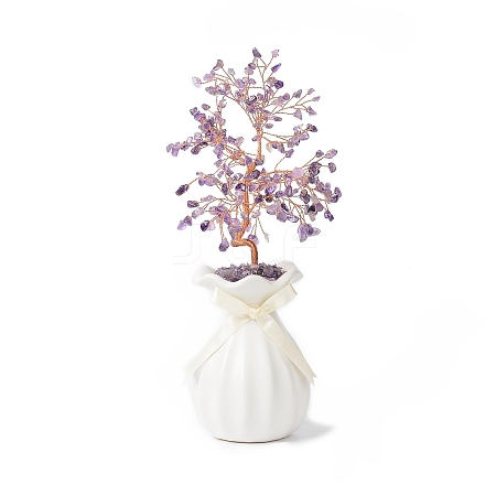 Natural Amethyst Chips with Brass Wrapped Wire Money Tree on Ceramic Vase Display Decorations DJEW-B007-01B-1