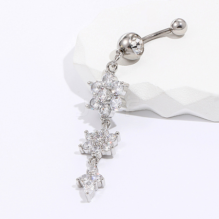 Brass Clear Shiny Cubic Zirconia Flower Belly Button Rings for Ladies Daily Vacation Wear ER6034-1