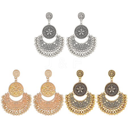 ANATTASOUL 3 Pairs 3Colors Alloy Moon with Flower Chandelier Earrings EJEW-AN0003-88-1