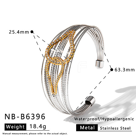 Two Tone 304 Stainless Steel Crystal Rhinestone Multi-Line Cuff Bangles WGAD035-01-1