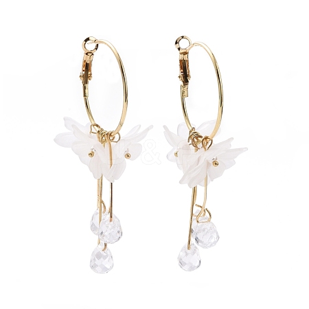 Acrylic Imitation Shell Flower with Glass Tassel Dangle Hoop Earrings with 925 Sterling Silver Pins EJEW-L281-06LG-1