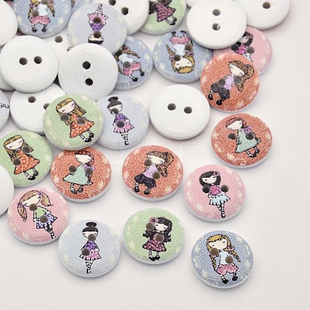 Flat Round with Cute Girl Dyed 2-Hole Printed Wooden Buttons X-BUTT-P010-45A-1