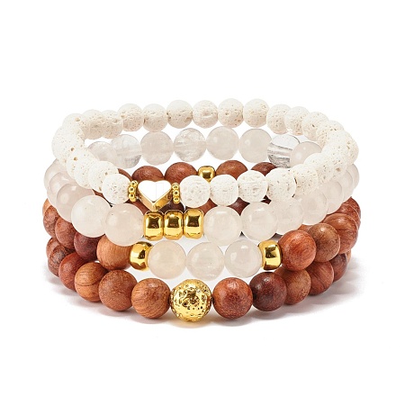 4Pcs 4 Style Natural Quartz Crystal & Lava Rock & Wood Round Beaded Stretch Bracelets Set with Heart BJEW-JB07623-1