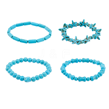 FIBLOOM 4Pcs 4 Style Synthetic Turquoise Beaded Stretch Bracelets Set BJEW-FI0001-82-1