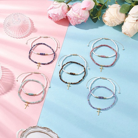 10Pcs 5 Styles Natural Amethyst & Amazonite & Sodalite & Rhodonite & Tiger Eye & Glass Seed Beaded Stretch Bracelets BJEW-JB12545-1