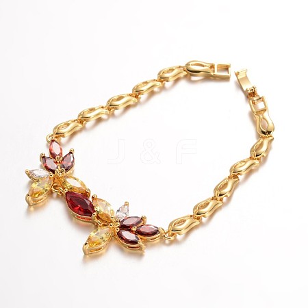 Flower Brass Cubic Zirconia Link Chain Bracelets BJEW-F206-06G-1