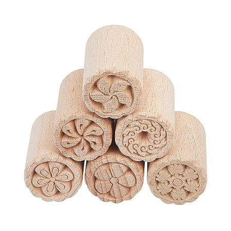 CHGCRAFT 6Pcs 6 Styles Flower Pattern Round Wooden Traditional Chinese Moon Cake Molds AJEW-CA0004-25-1