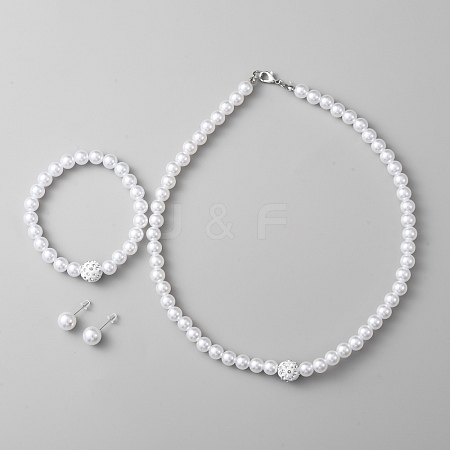Imitation Pearl Plastic & Resin Round Beaded Necklace & Stretch Bracelet & Stud Earrings SJEW-WH0002-04-1