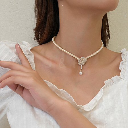 Valentine's Day Flower Alloy Enamel Pendant Plastic Pearl Round Beaded Choker Necklaces FS-WG66EB5-03-1