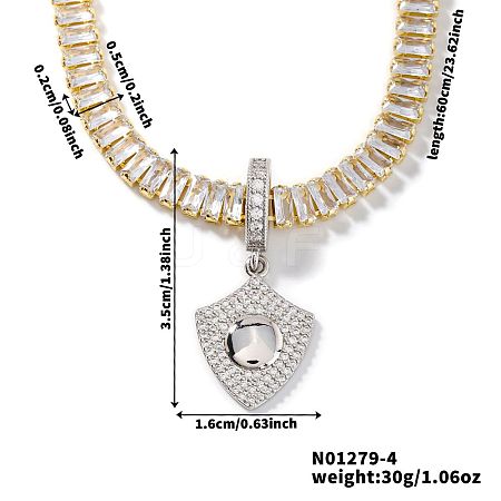 Fashionable Rock Hip-hop Style Brass Pave Clear Cubic Zirconia Shield Pendant Tennis Necklaces for Men VV4192-4-1