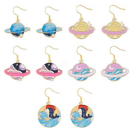 5 Pair 5 Style Golden Plated Alloy Enamel Planet Dangle Earrings with Iron Pins EJEW-AB00045-1