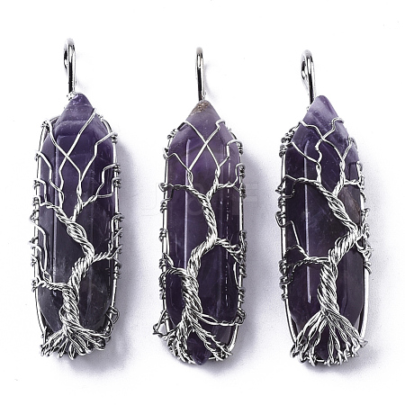 Natural Amethyst Big Wire Wrapped Pointed Pendants G-T133-P02C-1