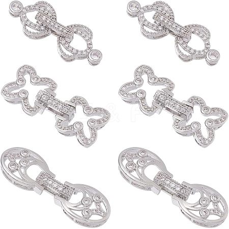 6Pcs 3 Styles Rack Plating Brass Micro Pave Clear Cubic Zirconia Fold Over Clasps KK-HS0001-01P-1