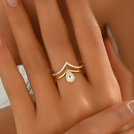 Brass Micro Pave Cubic Zirconia Adjustable Open Cuff Rings for Women YP6929-1-1