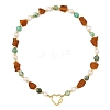 Raw Rough Natural Amber & Round Green Line Jasper & Potato Pearl Beaded Necklaces with Brass Screw Carabiner Lock Charms NJEW-JN06583-02-3