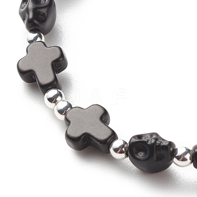 Synthetic Turquoise(Dyed) Cross & Skull Beaded Stretch Bracelet BJEW-JB08451-03-1