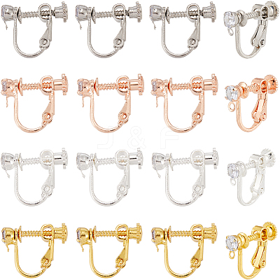 32Pcs 4 Colors Brass Micro Pave Cubic Zirconia Screw Clip-on Earring Findings KK-SC0005-55-1