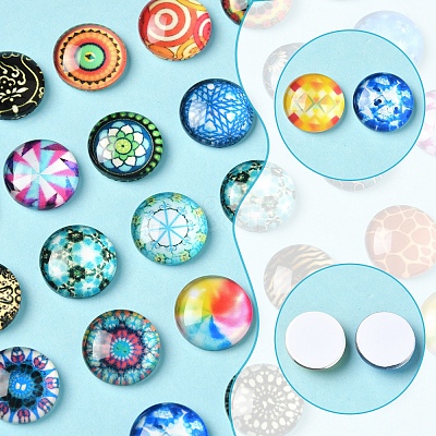 60Pcs Printed Glass Half Round Cabochons GGLA-FS0001-14-1