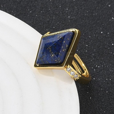 Rhombus Natural Lapis Lazuli Finger Rings RJEW-B113-01G-02-1