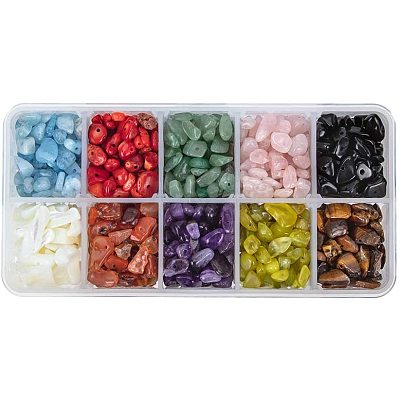 Natural Jade & Aquamarine &  Green Aventurine & White Shell & Red Jasper & Rose Quartz & Tiger Eye & Amethyst & Agate & Obsidian Chips Beads G-PH0033-03-1