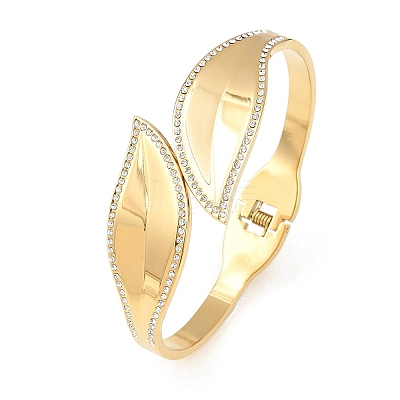 304 Stainless Steel Crystal Rhinestone Leaf Open Hinged Cuff Bangles for Women SA-CBA48C7-01G-1