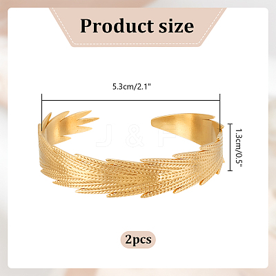 2Pcs 304 Stainless Steel Feather Cuff Bangles BJEW-PH0004-41-1