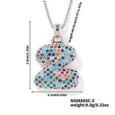 Brass Pave Colorful Cubic Zirconia Letter Pendant Box Chain Necklaces NU0575-47-1