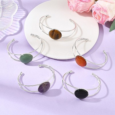 Natural Mixed Gemstone Flat Round Brass Hollow Cuff Bangles for Women BJEW-JB14330-01-1