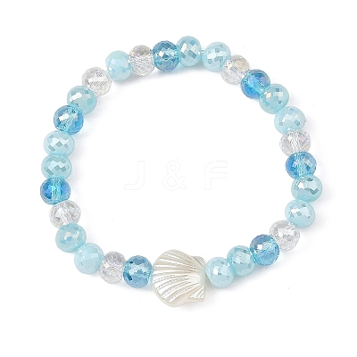 Ocean ABS Plastic Imitation Pearl Shell Shape Electroplate Glass Faceted Rondelle Beaded Stretch Bracelets for Women BJEW-JB14386-01-1