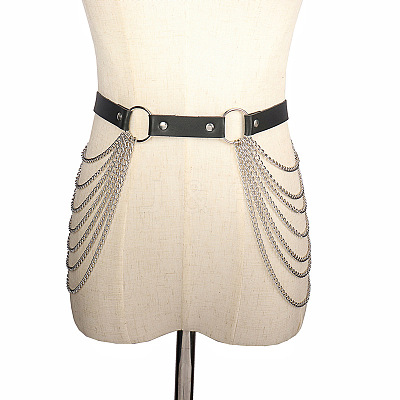 Black Imitation Leather Alloy Multi-Layered Chain Tassel Waist Belly Chains for Women FS-WG64C31-01-1