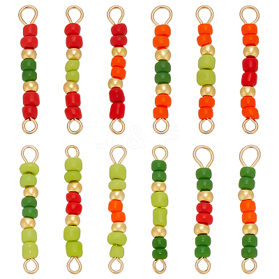 48Pcs 12 Colors Glass Seed Beads & Brass Rondelle Beaded Connector Charms PALLOY-WR00011-1
