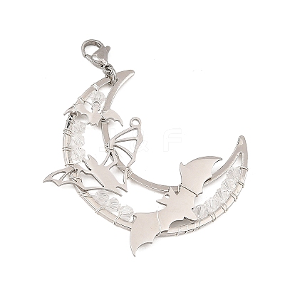 Wire Wrapped Moon & Bat Stainless Steel & Brass Pendant Decorations HJEW-TA00505-1