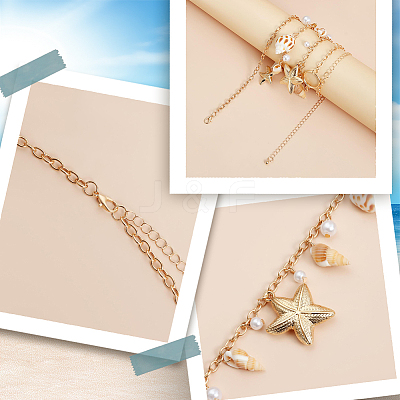 Natural Shell and Plastic Imitation Pearl and Iron Starfish Tassel Double Layer Waist Chains for Women AJEW-CP0011-35A-1