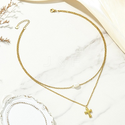 Natural Pearl Rice and 304 Stainless Steel Pendant Double Layer Necklaces for Women NJEW-JN06211-01-1