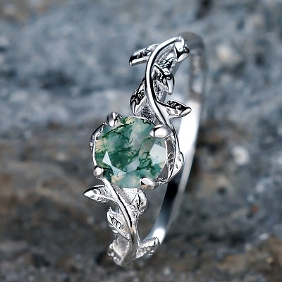 Oval & Leaf 925 Sterling Silver with Moss Agate Finger Rings FS-WGF1EFD-04-1