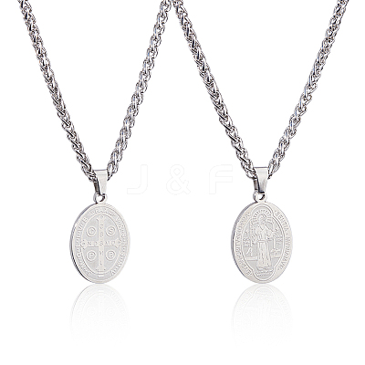 2Pcs Stainless Steel Saint Benedict Oval Medal Pendant Wheat Chain Necklaces NJEW-DC0001-20P-1