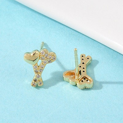 Brass Micro Pave Clear Cubic Zirconia Heart Stud Earrings EJEW-F400-28C-G-1