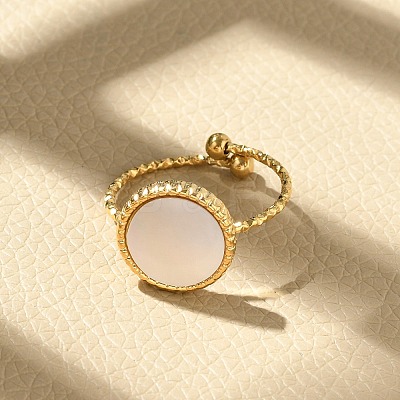 Flat Round 304 Stainless Steel White Shell Cuff Rings for Women RJEW-G346-10G-02-1