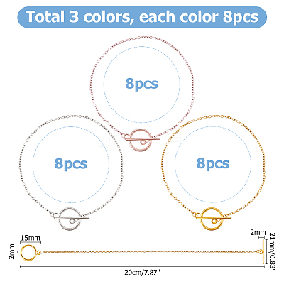 24Pcs 3 Colors 304 Stainless Steel Cable Chains Bracelets for Women BJEW-HS00008-1