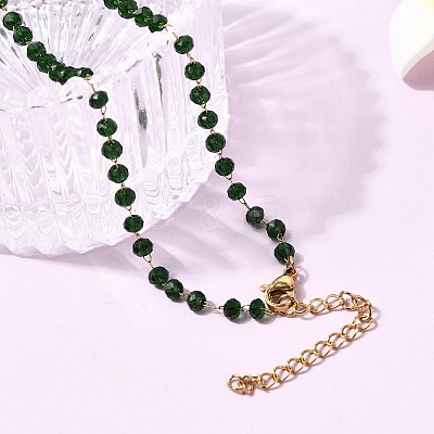 304 Stainless Steel with Glass Faceted Rondelle Bead Handmade Link Chain Birth Stone Necklaces for Women NJEW-G195-01G-09-1
