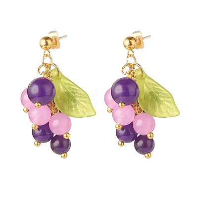 Natural Malaysia Jade Grape with Acrylic Leaf Dangle Stud Earrings EJEW-JE04912-1