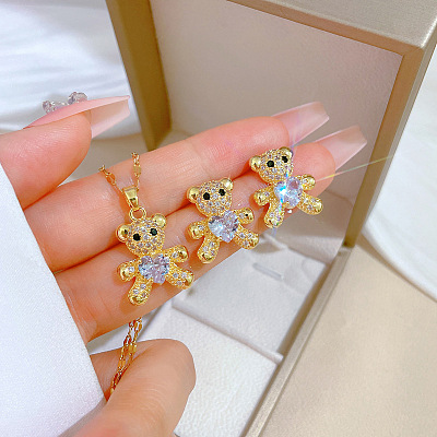 Brass Micro Pave Cubic Zirconia Pendant Necklace & Stud Earrings WG7AC39-20-1