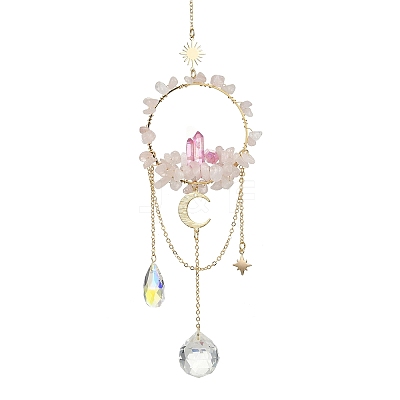 Natural Rose Quartz & Dyed Natural Quartz Crystal with Glass Pendant Decorations HJEW-TA00123-03-1