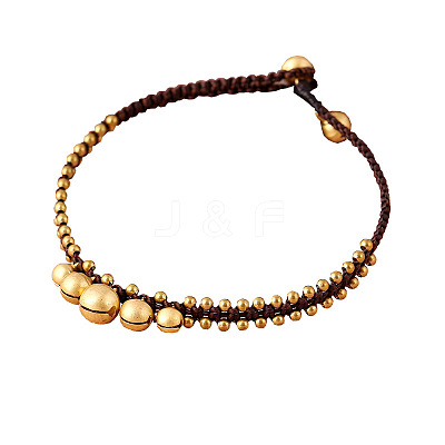 Ethnic Style Brass Bell Charm Braided Waxed Cord Adjustable Anklets for Women FS-WG2B00D-01-1